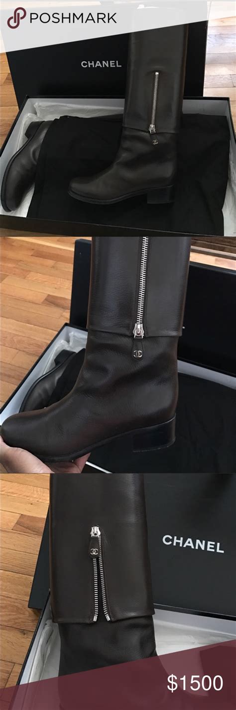 chanel riding boots brown and black|Chanel boots with pearl heel.